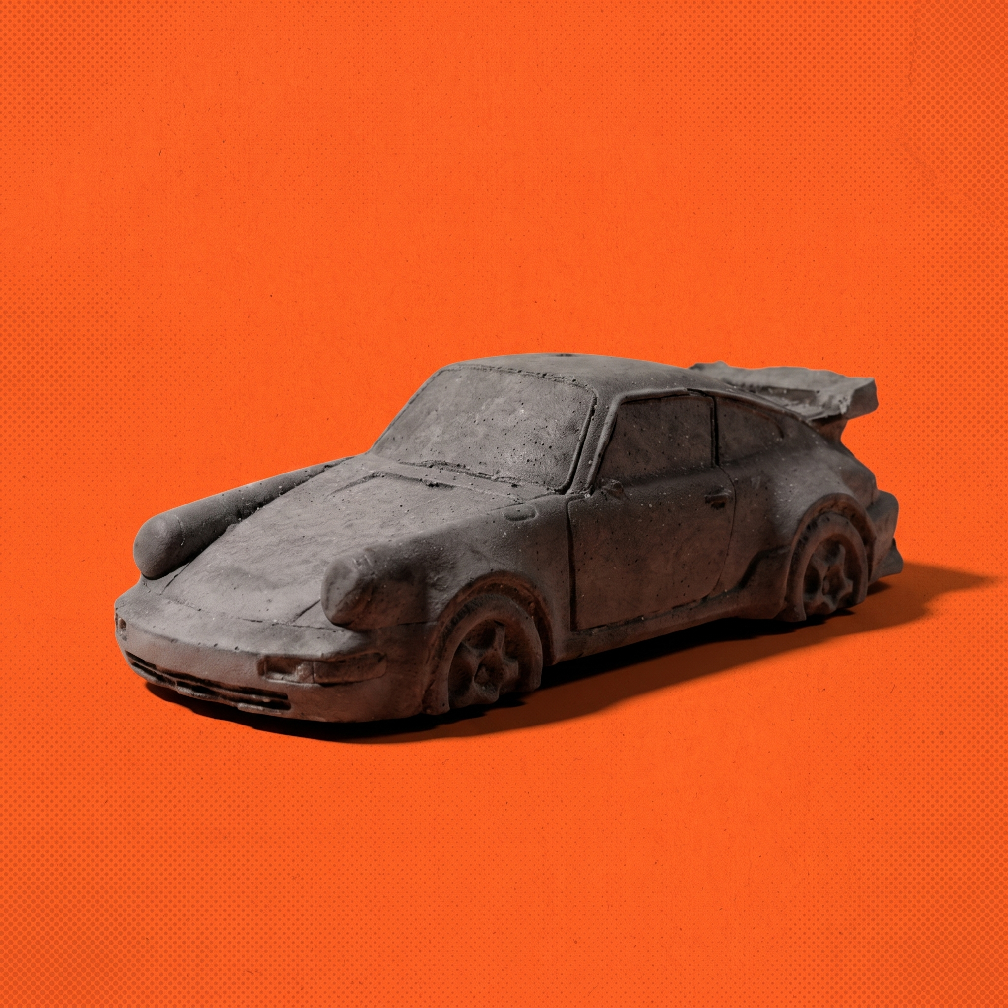 No. 004 Graphite — a rear-engined coupe in dark charcoal concrete, on a hazard-orange field