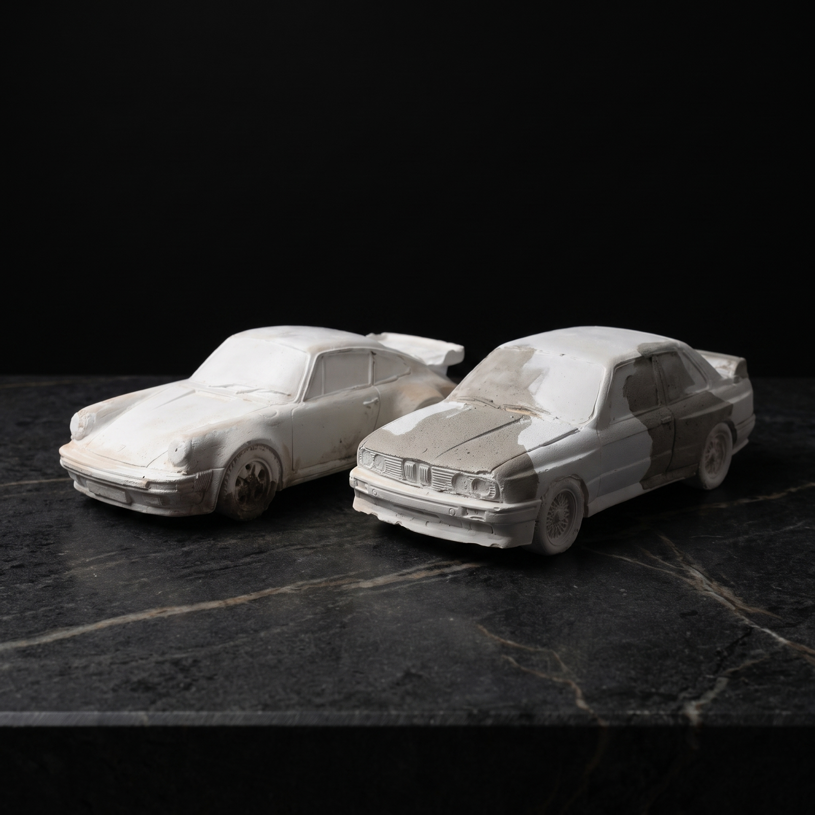 The actual pair — the concrete coupe and saloon together on dark stone