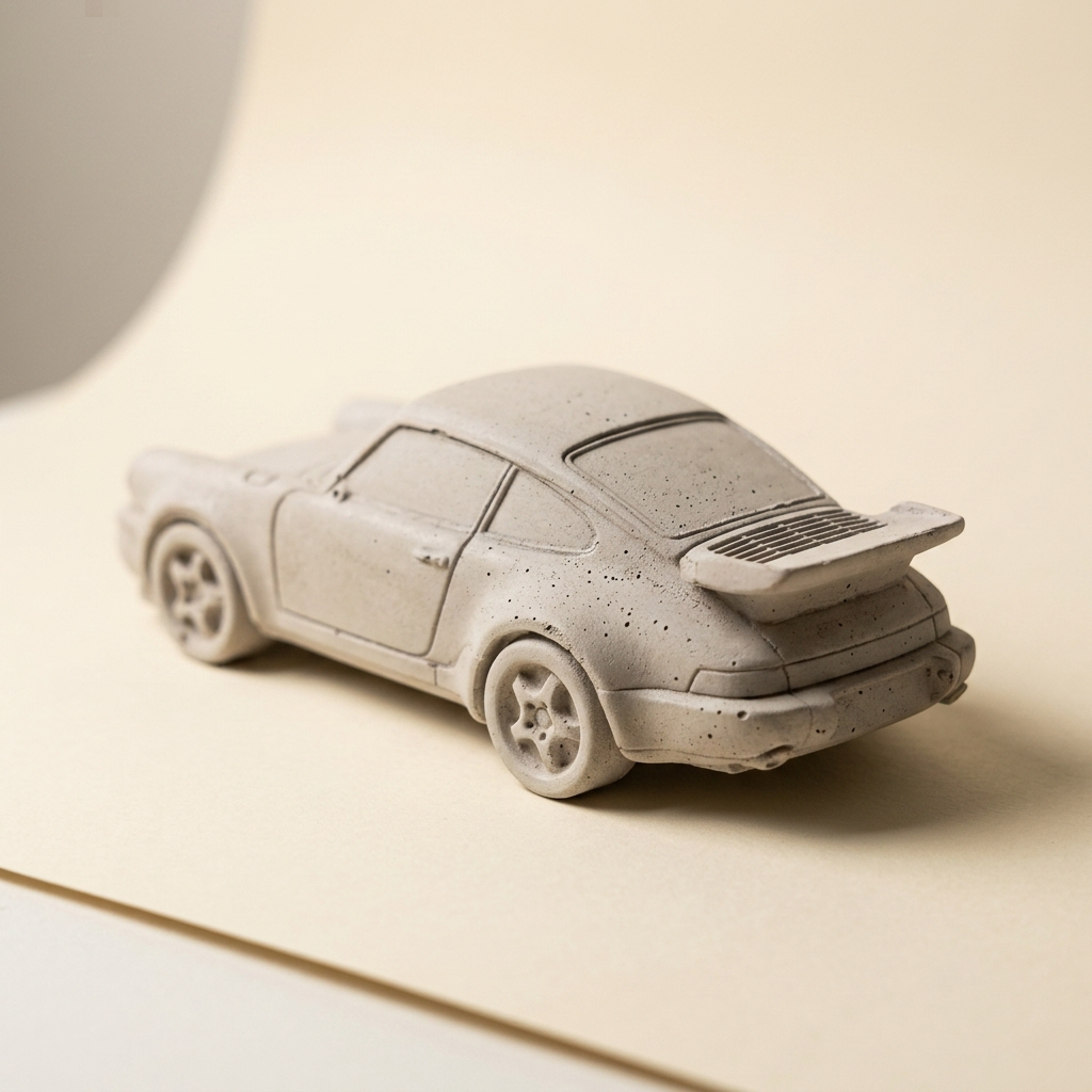Detail of the concrete Porsche 911 model with whale-tail spoiler