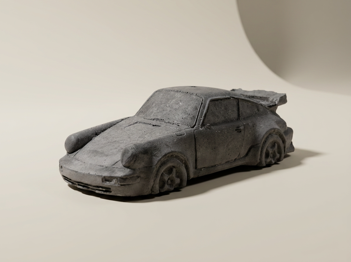 Phantom — charcoal cast-concrete Porsche 911 Turbo with whale-tail spoiler
