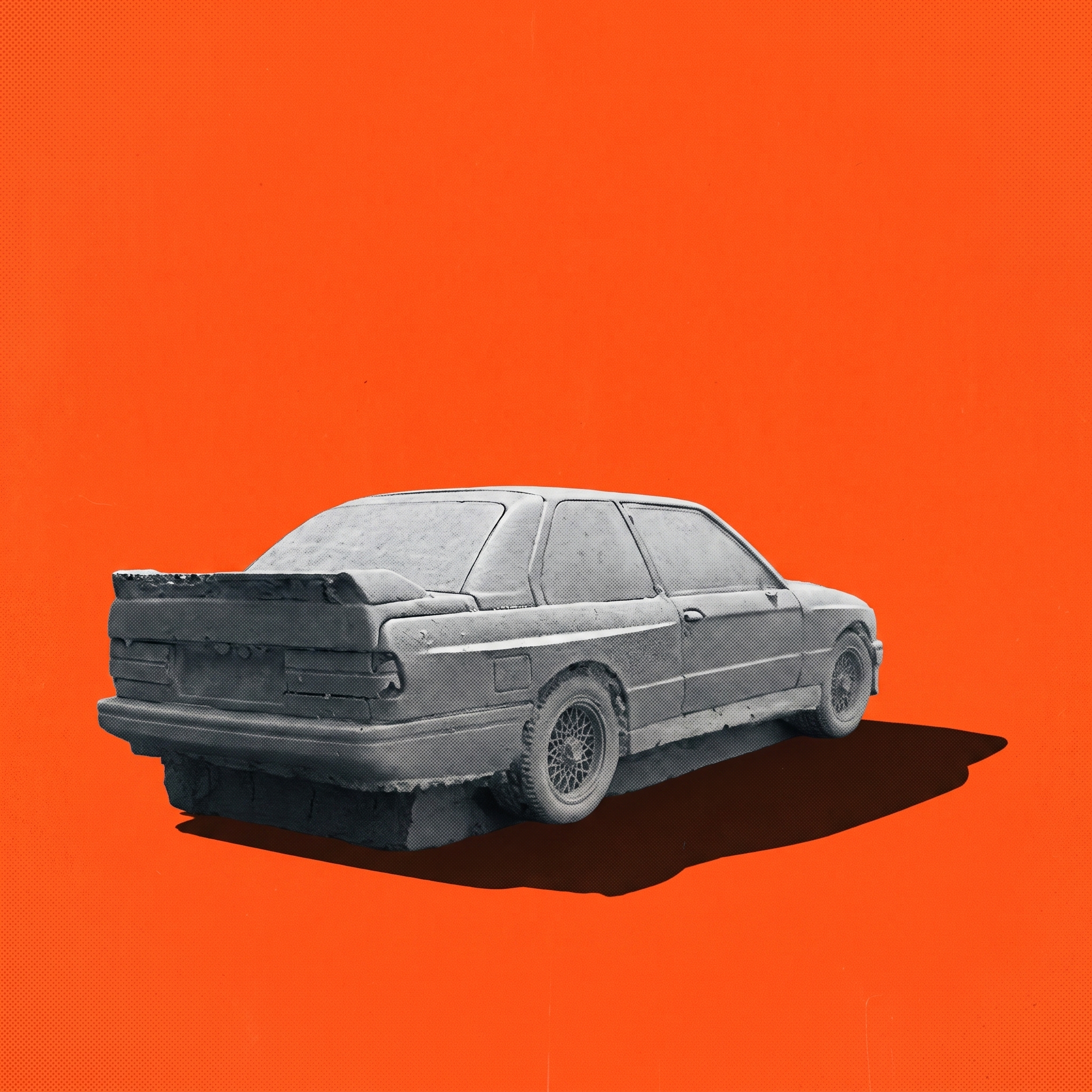 No. 003 Slate — the actual concrete saloon, rear three-quarter with wing, on a hazard-orange field