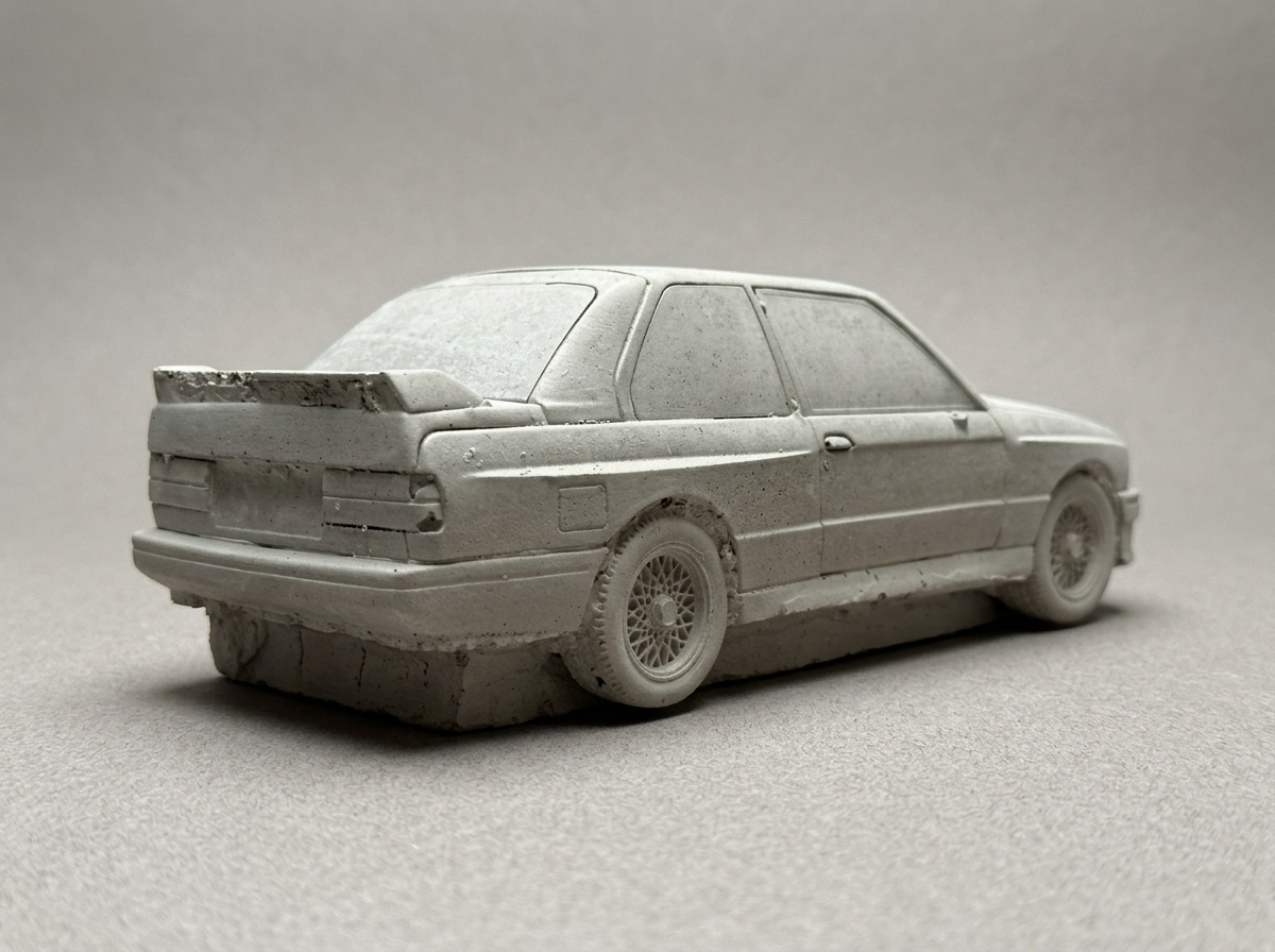 Tarmac — raw concrete model car, rear three-quarter with spoiler and cast wheels